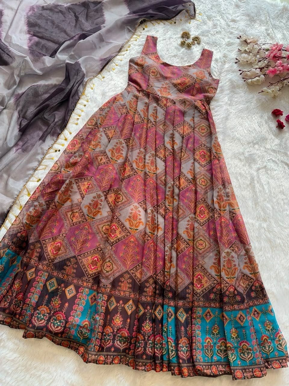 Digital Printed Jimmy Organza Silk Anarkali Salwar Set